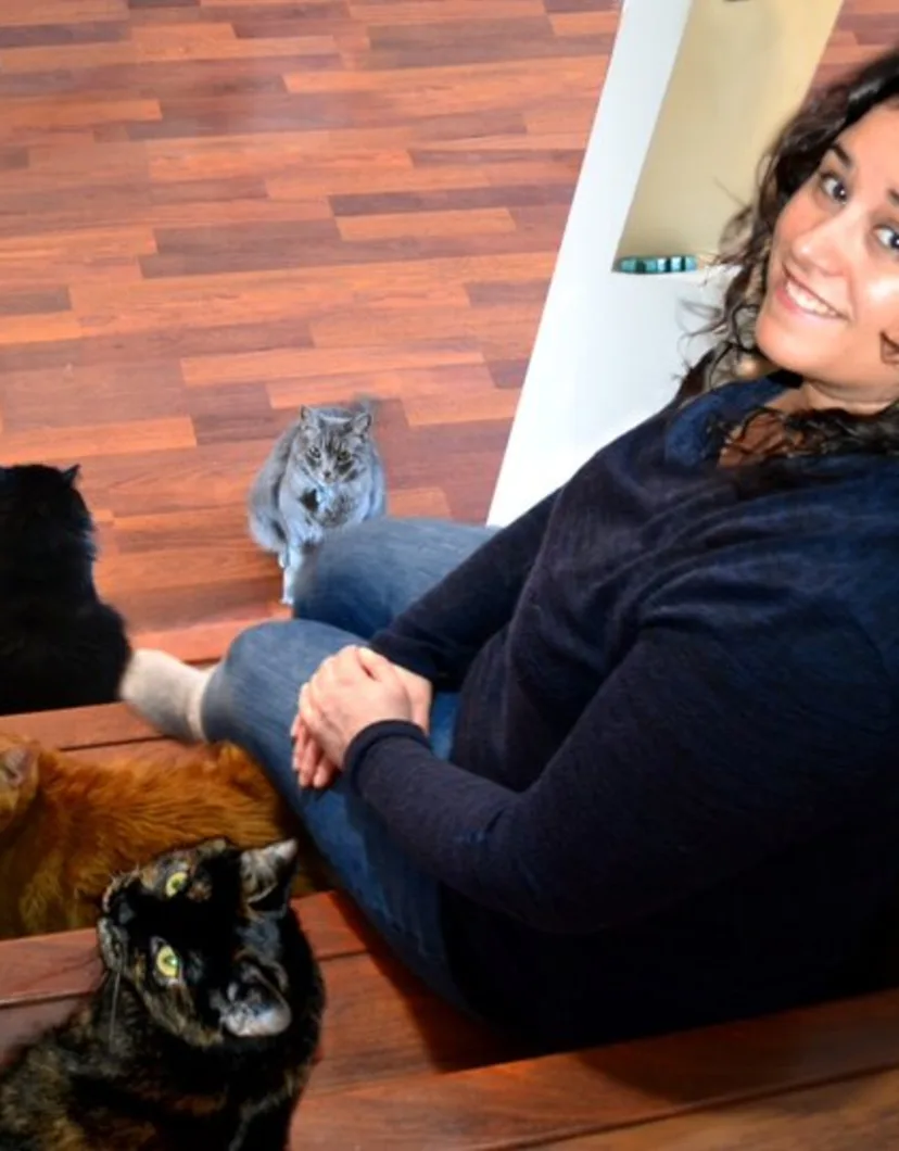 Becky sitting on the stairs with cats